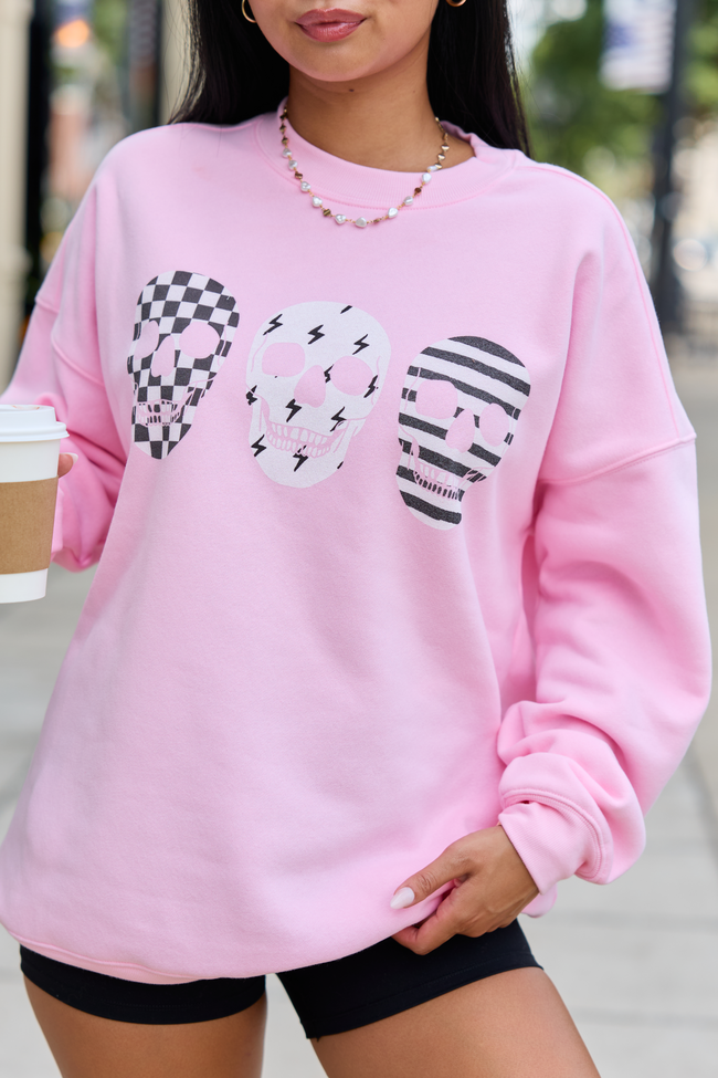Skulls Trio Light Pink Oversized Graphic Sweatshirt